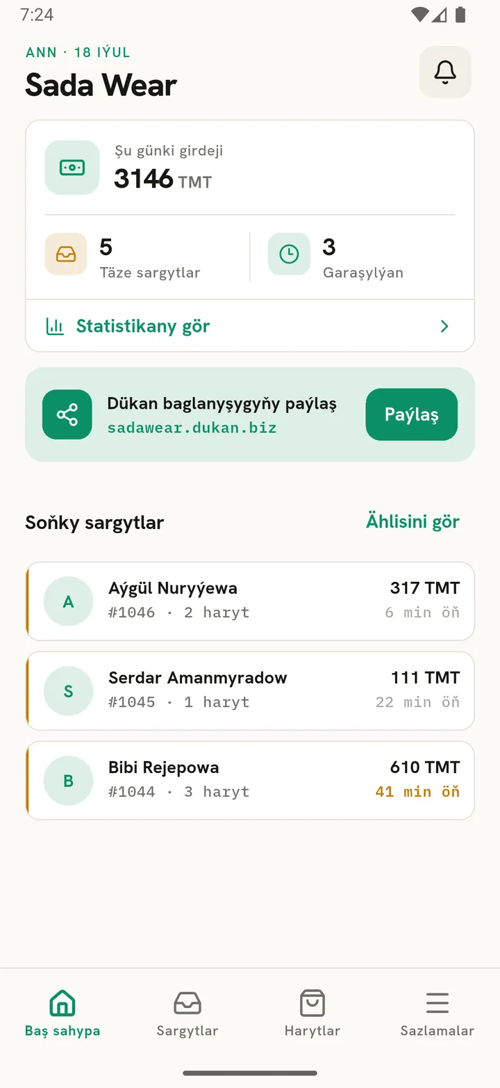 Şu günki girdeji we soňky sargytlar görkezilen Dükan Manager baş sahypasy