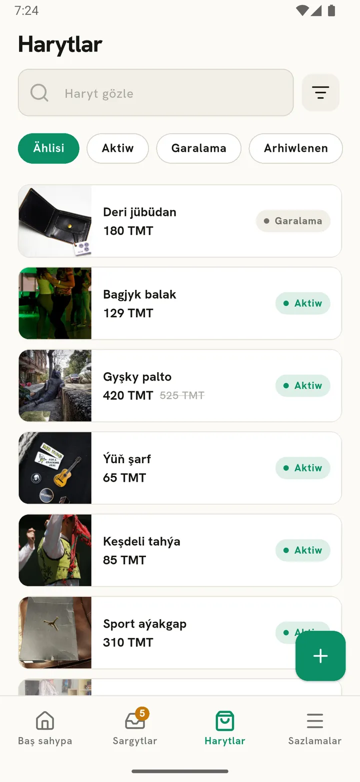 Suratlary, bahalary we ýagdaý bellikleri görkezilen haryt sanawy