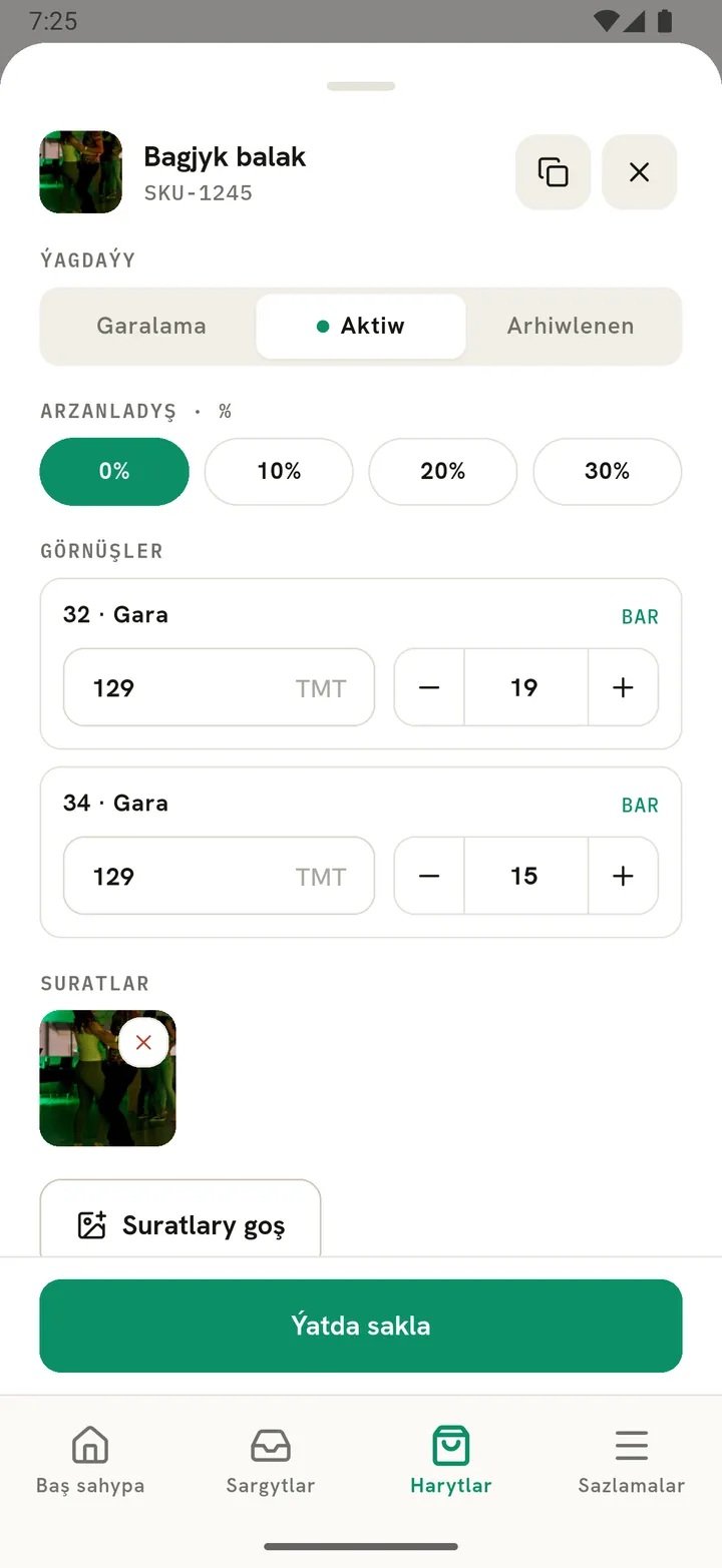 Harydyň ýagdaýyny, arzanladyşyny, bahasyny we galyndysyny çalt üýtgetmek ekrany