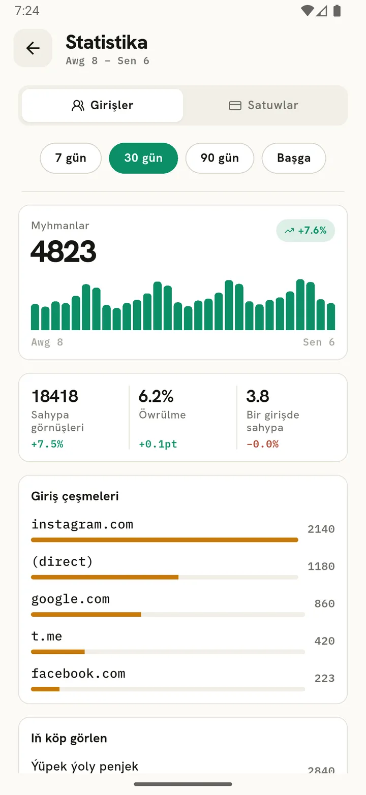 Girdeji we sargyt sany görkezilen statistika ekrany